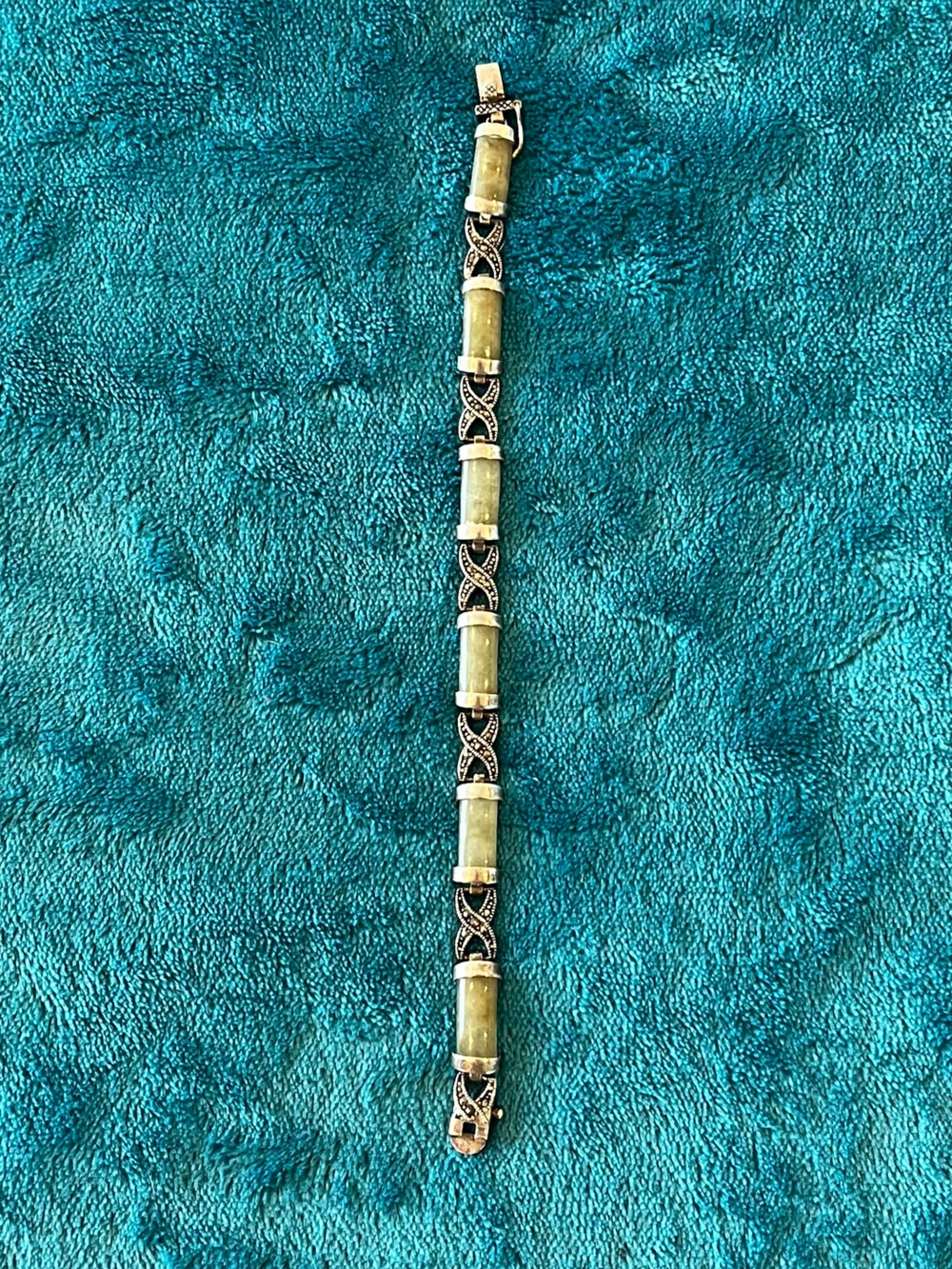 Jade and Sterling Silver w/Stone Inlays Bracelet.  Stamped 925 NF.